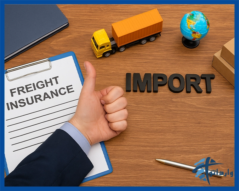 نمایی از میز کاری با نمادهای واردات و بیمه؛ شامل فرم بیمه حمل‌ونقل، ماکت کامیون زرد، کره‌زمین کوچک، جعبه‌های مقوایی و دست بازرگان در حال نشان دادن علامت تأیید، نمادی از مزایای بیمه در واردات.