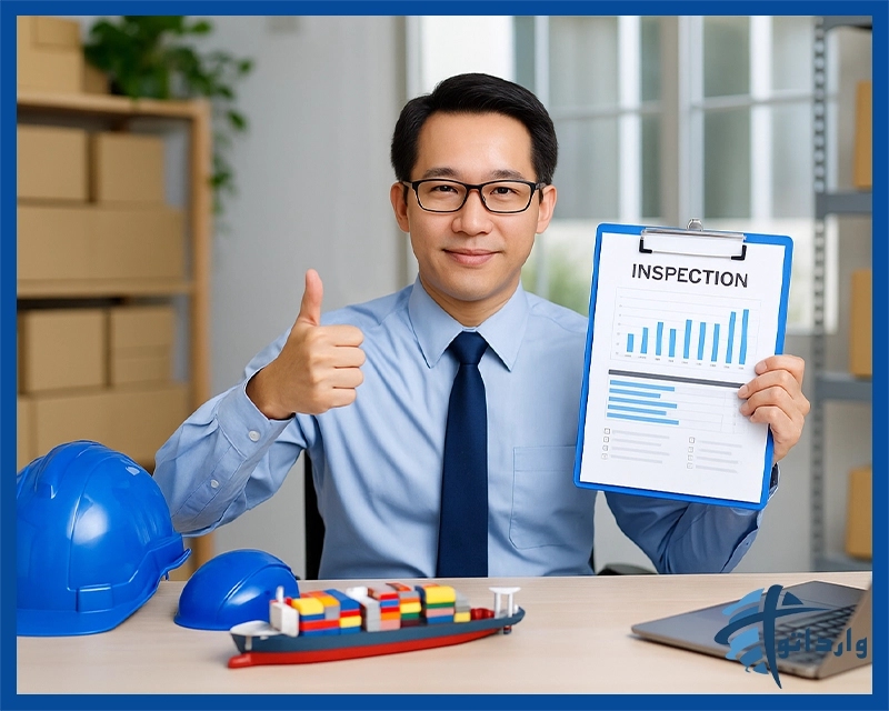 کارشناس بازرسی کالا در دفتر، در حال بررسی گزارش و تأیید کیفیت با نشان موفقیت.