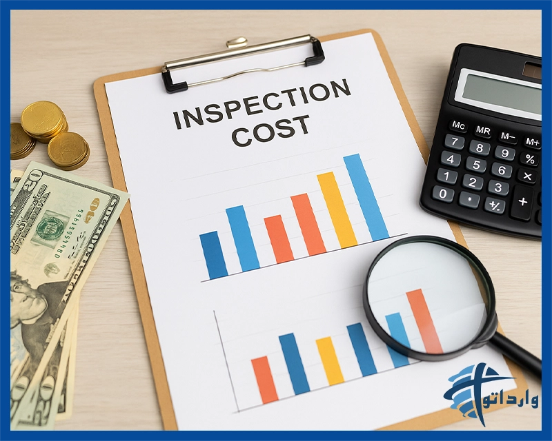 محاسبه هزینه بازرسی کالا با استفاده از ماشین‌حساب، نمودار و اسکناس روی میز کاری.