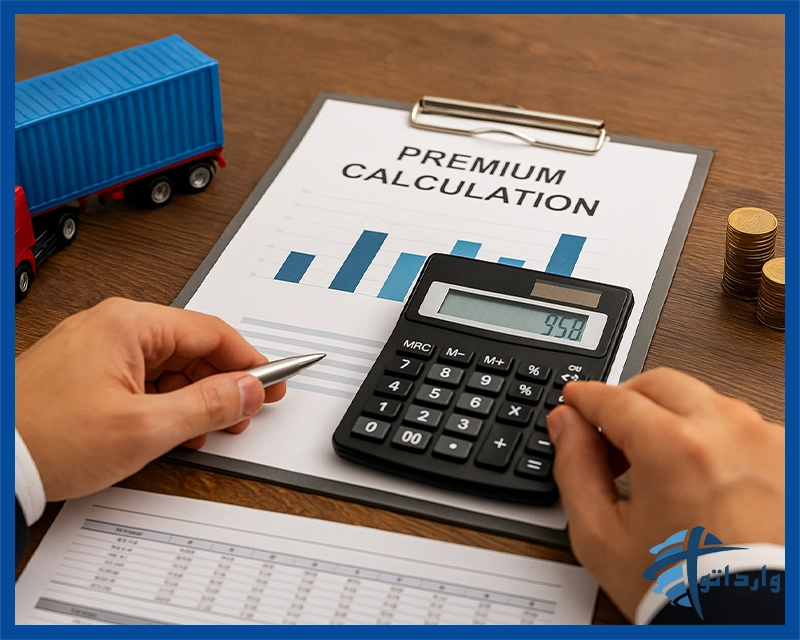 نمایی از میز کاری با ماشین‌حساب، نمودار مالی، فرم بیمه، ماکت کامیون با کانتینر آبی و سکه‌ها، نمادی از محاسبه حق بیمه حمل و نقل کالا توسط بازرگان.