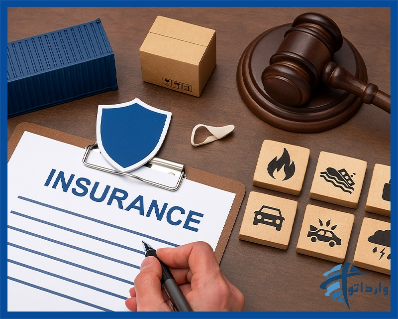 نمایی از مفاهیم پوشش‌های بیمه‌ای شامل سند بیمه، جعبه بار، ماکت کانتینر آبی، چکش قانونی و نمادهای خطر مانند آتش‌سوزی، غرق شدن و قفل امنیتی روی میز چوبی.
