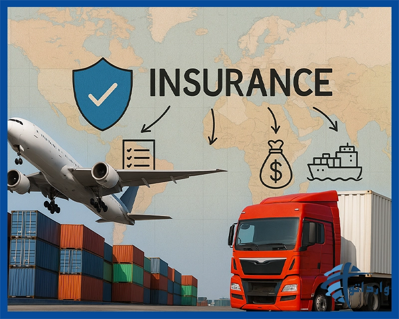 تصویر افقی از مفهوم بیمه حمل و نقل کالا شامل هواپیمای باری، کامیون قرمز، کانتینرهای رنگی و نقشه جهان در پس‌زمینه، نشان‌دهنده امنیت در حمل‌ونقل بین‌المللی.
