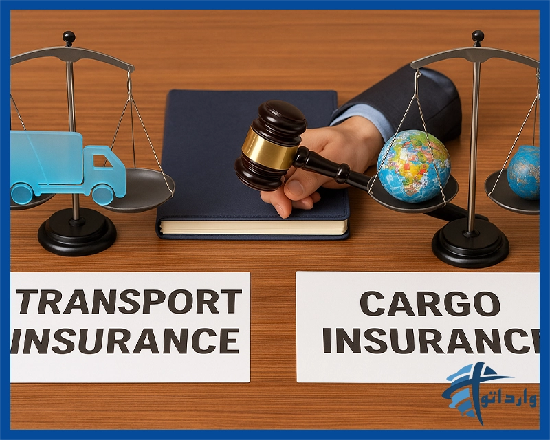 نمایی از مقایسه بیمه حمل و نقل و بیمه باربری روی میز چوبی؛ دو ترازوی فلزی که یکی نماد کامیون و دیگری کره زمین را نمایش می‌دهد، همراه با دست بازرگان و چکش، بیانگر تفاوت مفهومی دو نوع بیمه.