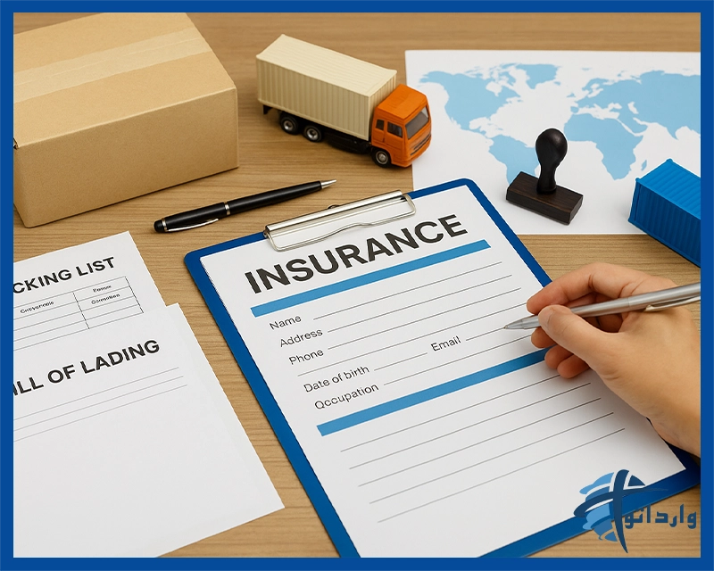 دست بازرگان در حال امضای فرم بیمه روی میز چوبی، در کنار مدارک حمل‌ونقل شامل پکینگ لیست و بارنامه، ماکت کامیون و کانتینر آبی، نمادی از فرآیند خرید بیمه حمل و نقل کالا.