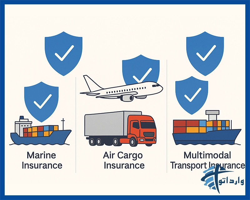 نمایی افقی از انواع بیمه حمل و نقل کالا شامل کشتی باری در دریا، هواپیمای باری در آسمان و کامیون در جاده با نماد سپرهای بیمه‌ای، نشان‌دهنده پوشش‌های مختلف بیمه حمل‌ونقل.