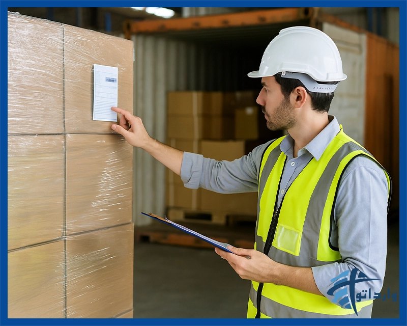 بازرسی کالا در مقصد توسط کارشناس گمرک برای بررسی سلامت و اسناد محموله وارداتی.