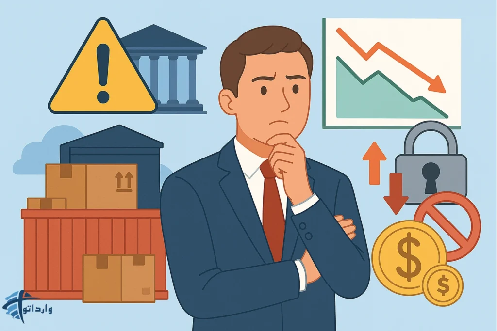 چالش‌ها و ریسک‌های صادرات و واردات شامل هشدار، نمودار نزولی، قفل، نوسان ارز و مشکلات لجستیکی.