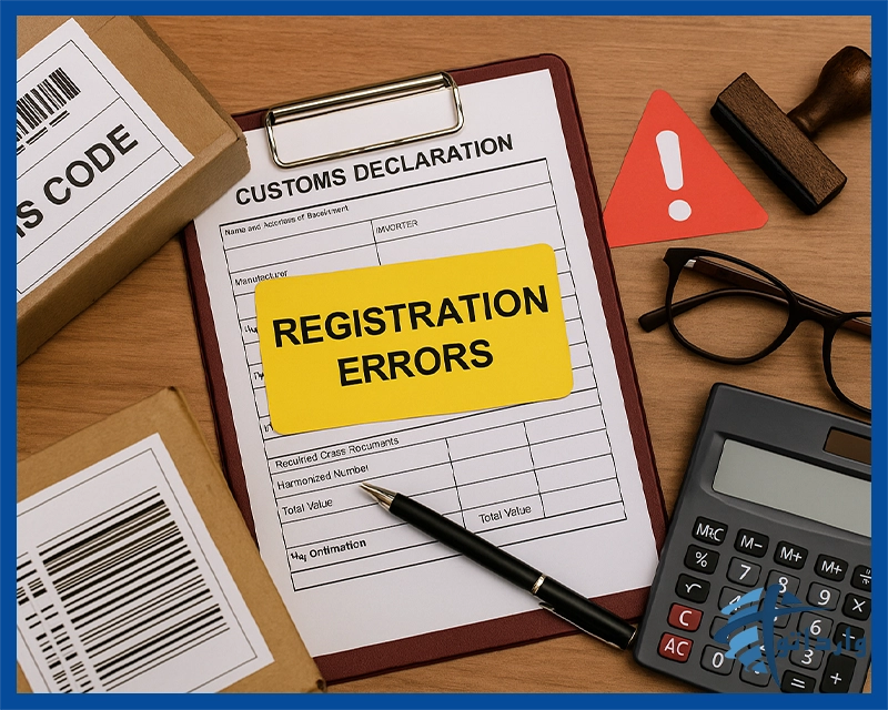 تصویر خطاهای رایج در فرایند رجیستری شامل فرم اظهارنامه گمرکی، بسته‌های دارای بارکد و HS Code، برچسب خطا، ماشین‌حساب، مهر اداری و ابزارهای بررسی اسناد.