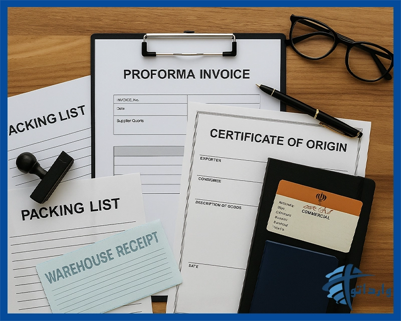 تصویر مدارک لازم برای انجام رجیستری در گمرک جمهوری اسلامی ایران؛ شامل پروفرما اینویس، پکینگ لیست، قبض انبار، گواهی مبدأ و کارت بازرگانی روی میز چوبی.