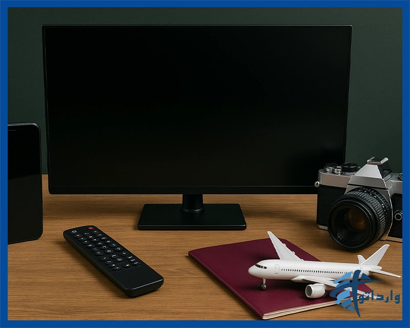 تصویر انواع کالاهای الکترونیکی و تجهیزات حساس که نیاز به رجیستری در گمرک جمهوری اسلامی ایران دارند؛ شامل گوشی موبایل، مانیتور، دوربین، ریموت و وسایل مسافرتی.