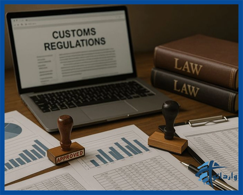 تصویر اسناد و مدارک گمرکی و مقررات واردات کالای مستعمل روی یک میز کاری