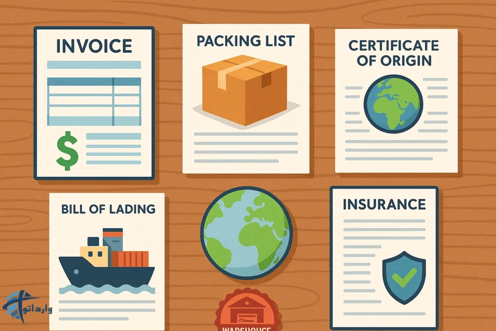 اسناد مهم تجارت بین‌الملل شامل اینویس، پکینگ لیست، گواهی مبدأ، بارنامه، بیمه‌نامه و نماد انبارداری.
