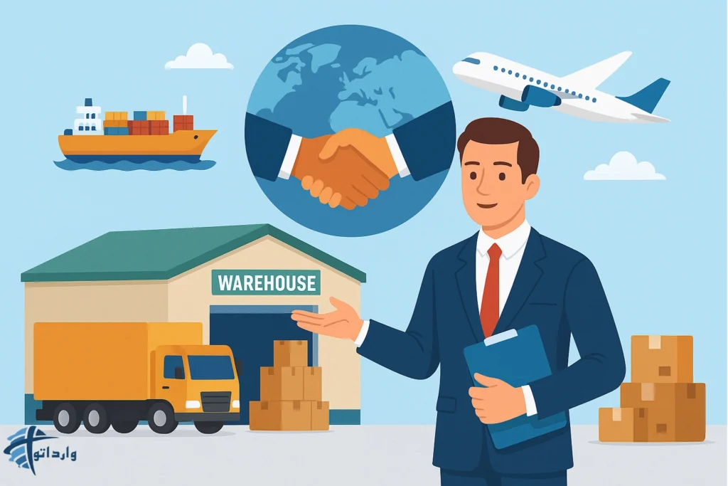 نقش شرکت‌های بازرگانی در صادرات و واردات شامل انبار، حمل‌ونقل، handshake و مدیر بازرگانی.