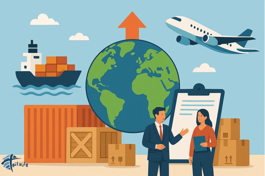 فرآیند صادرات شامل کشتی، هواپیما، کره زمین و جعبه‌های حمل‌ونقل در تجارت بین‌المللی.