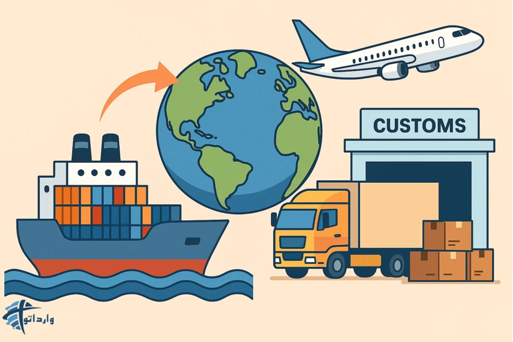 فرآیند واردات شامل کشتی، هواپیما، کامیون و ساختمان گمرک در تجارت بین‌المللی.